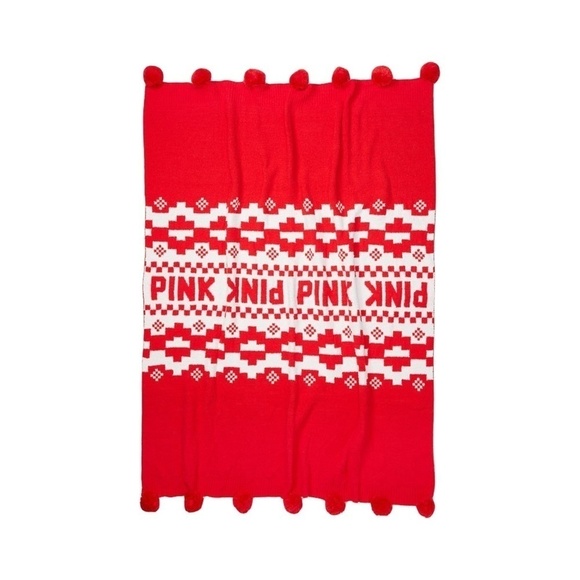 Victorias Secret PINK Vintage Knit Red Pom Pom Blanket - Picture 2 of 3